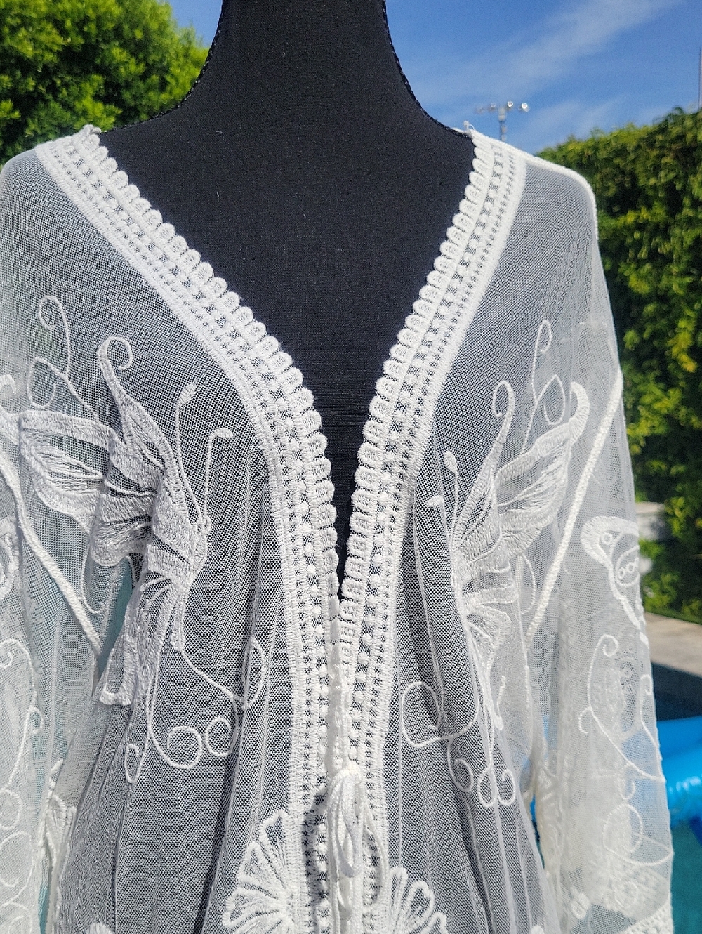 Boho White Butterfly Embroidered With Lace Trim Kimono Swim Cover Up - Picture 12 of 15